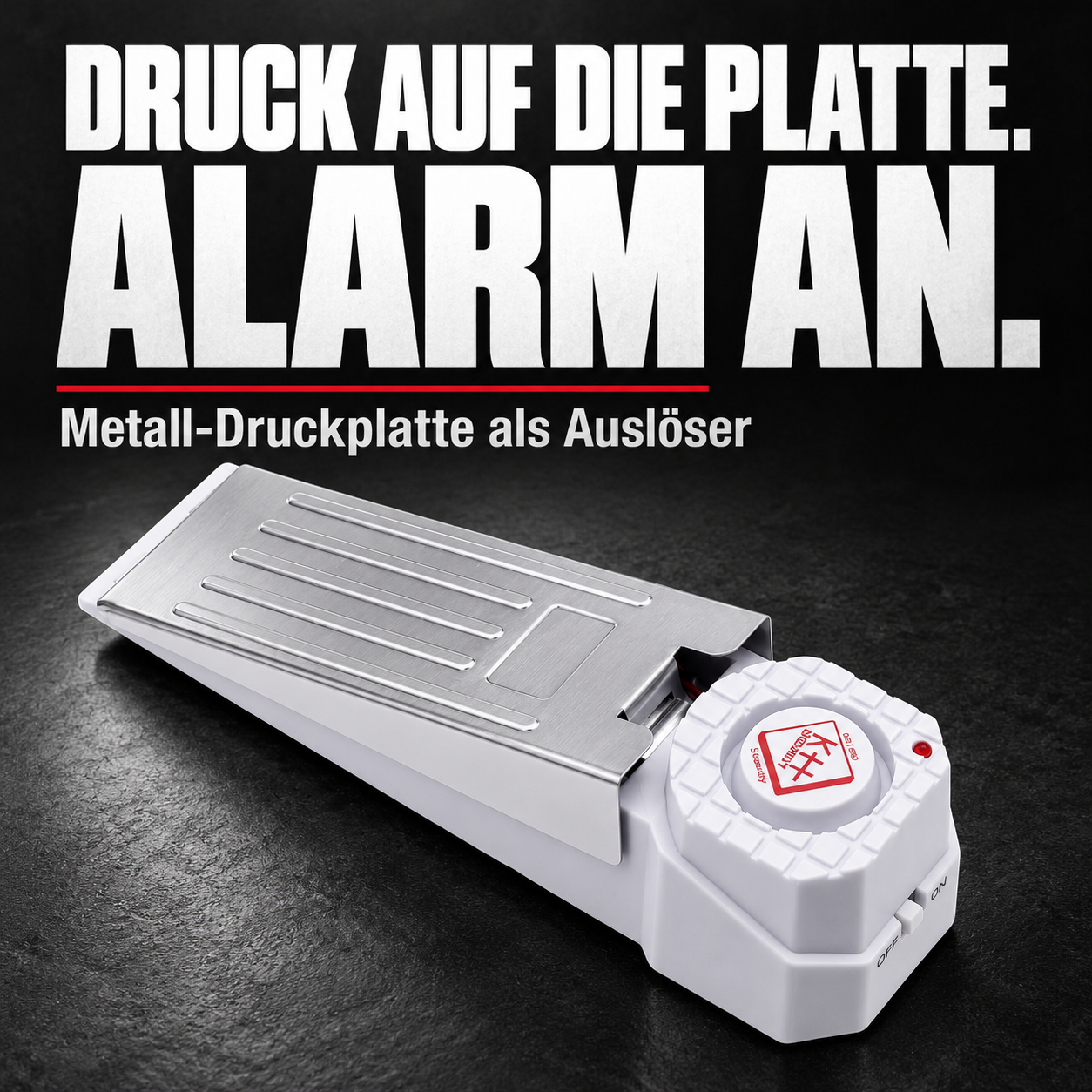 Alarm-Türstopper Premium Weiß – Metall-Druckplatte als Auslöser