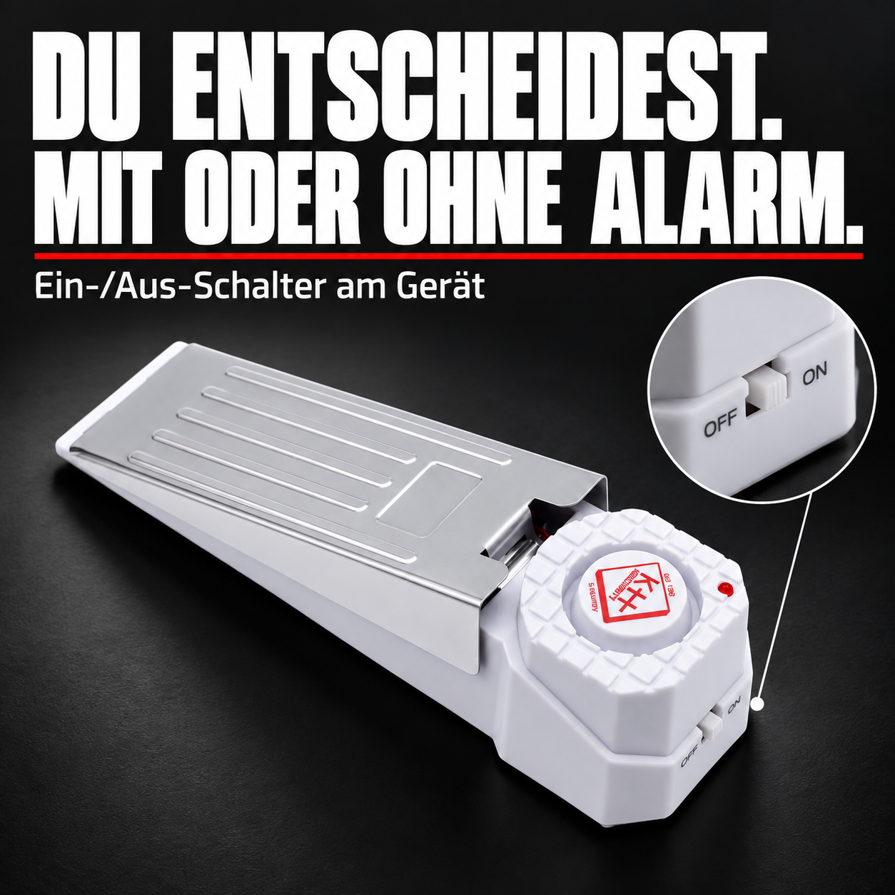 Alarm-Türstopper Premium Weiß – Ein-/Aus-Schalter am Gerät