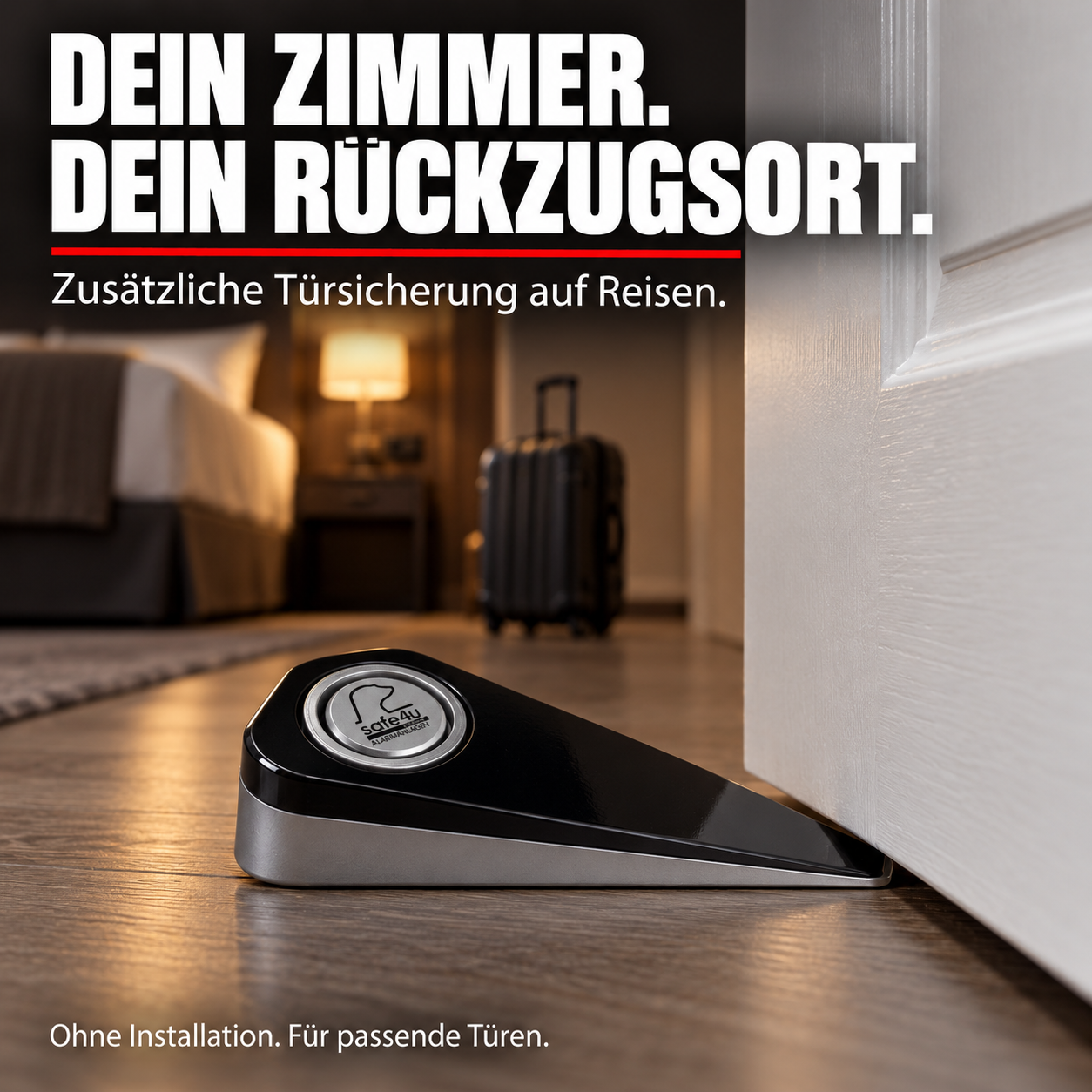 Alarm-Türstopper Travel Schwarz an einer nach innen öffnenden Hotelzimmertür