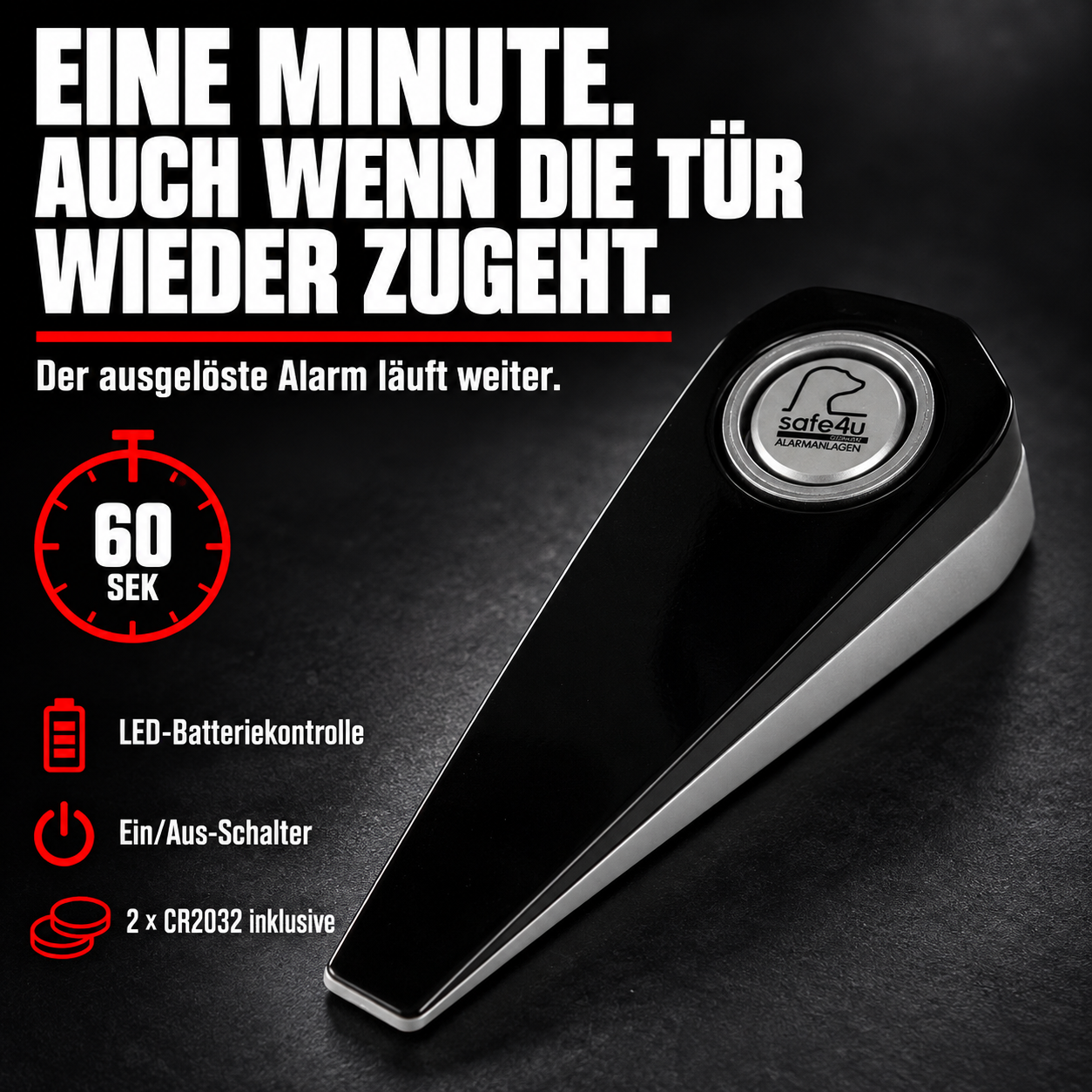 Alarm-Türstopper Travel – eine Minute Alarm auch nach dem Zurückziehen der Tür