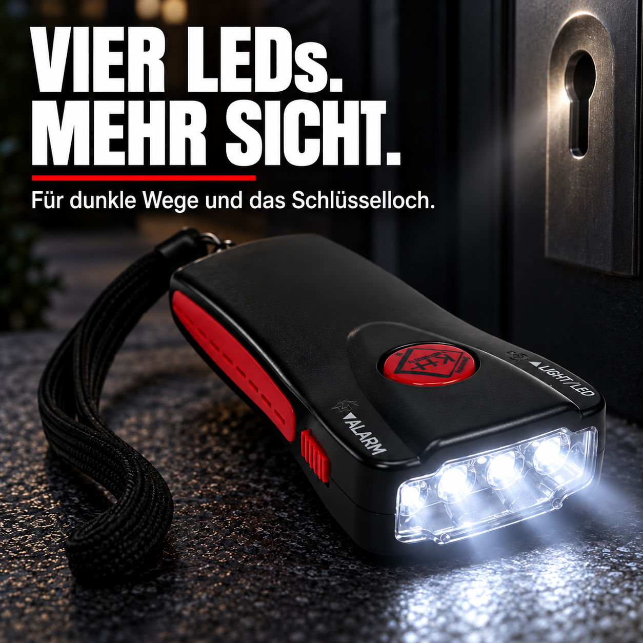 kh-security Alarmtaschenlampe – Schwarz – VIER LEDs. MEHR SICHT.