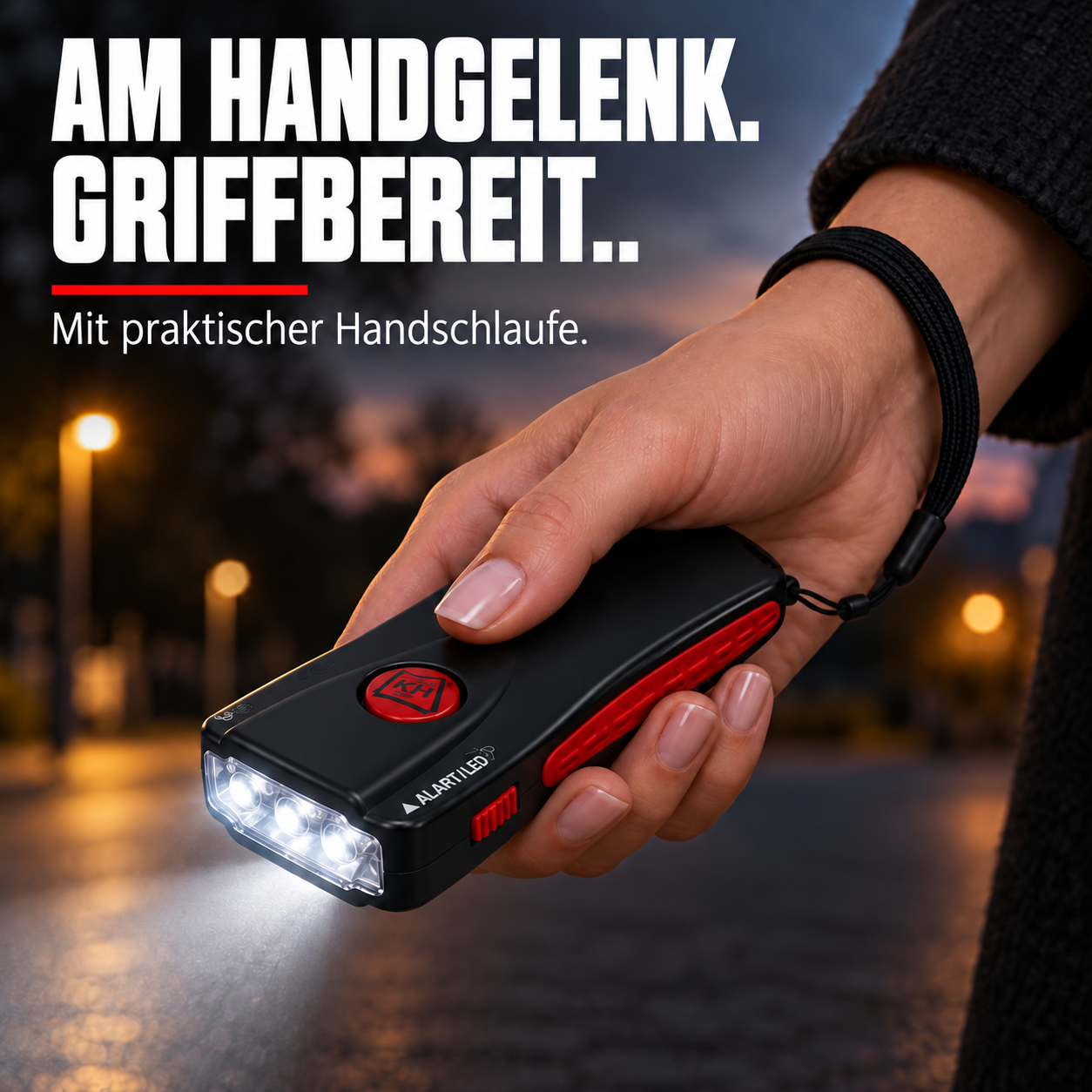 kh-security Alarmtaschenlampe – Schwarz – AM HANDGELENK. GRIFFBEREIT.