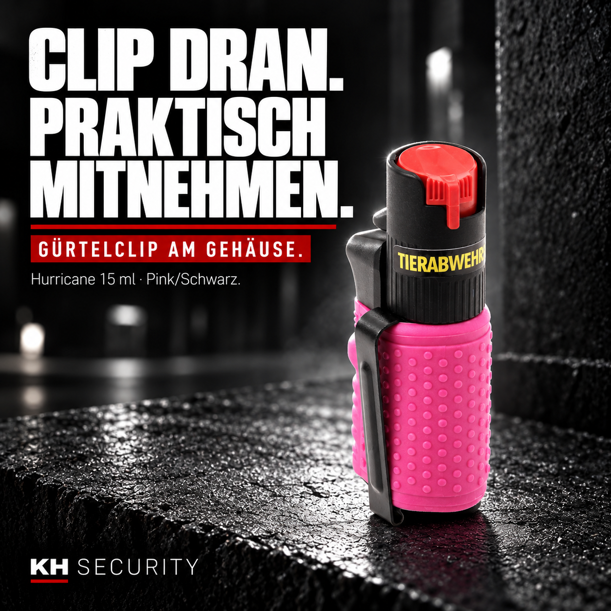 Gürtelclip an der pink/schwarzen Variante des Hurricane Pfeffersprays