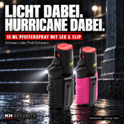 Hurricane Pfefferspray 15 ml mit LED-Licht und Clip in Schwarz und Pink/Schwarz