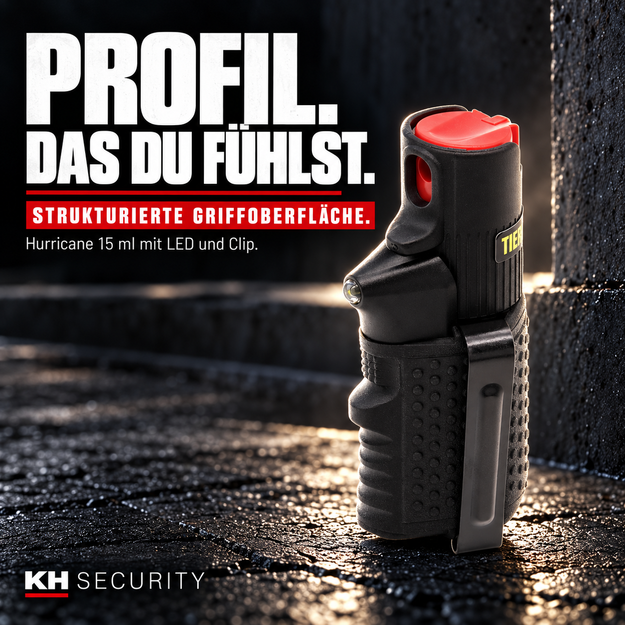 Strukturiertes schwarzes Griffgehäuse des Hurricane Pfeffersprays mit LED