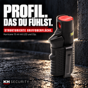 Strukturiertes schwarzes Griffgehäuse des Hurricane Pfeffersprays mit LED