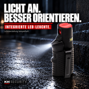 Integrierte LED am Hurricane Pfefferspray schwarz mit beispielhaft dargestelltem Lichtschein
