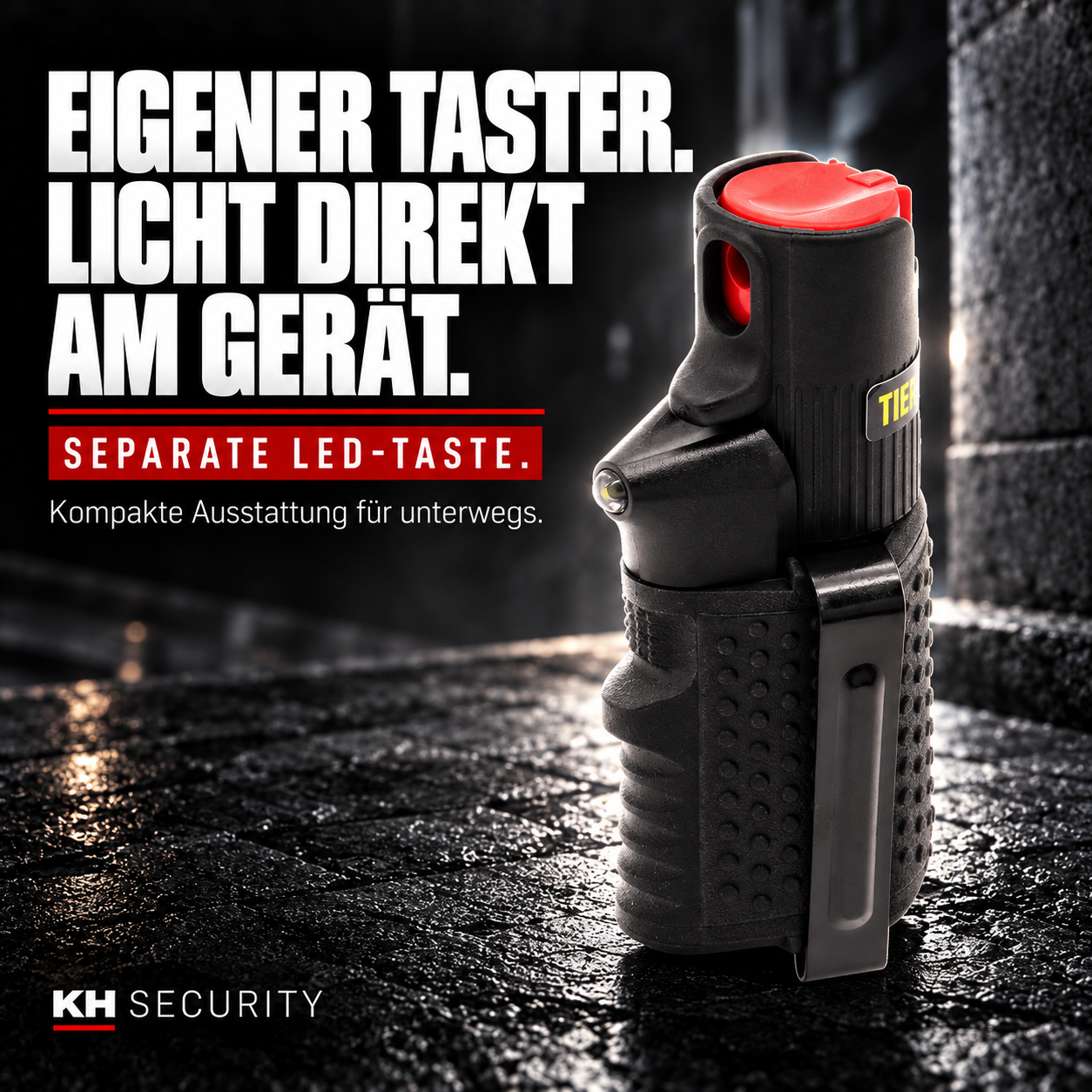Separater LED-Taster am Hurricane Pfefferspray schwarz