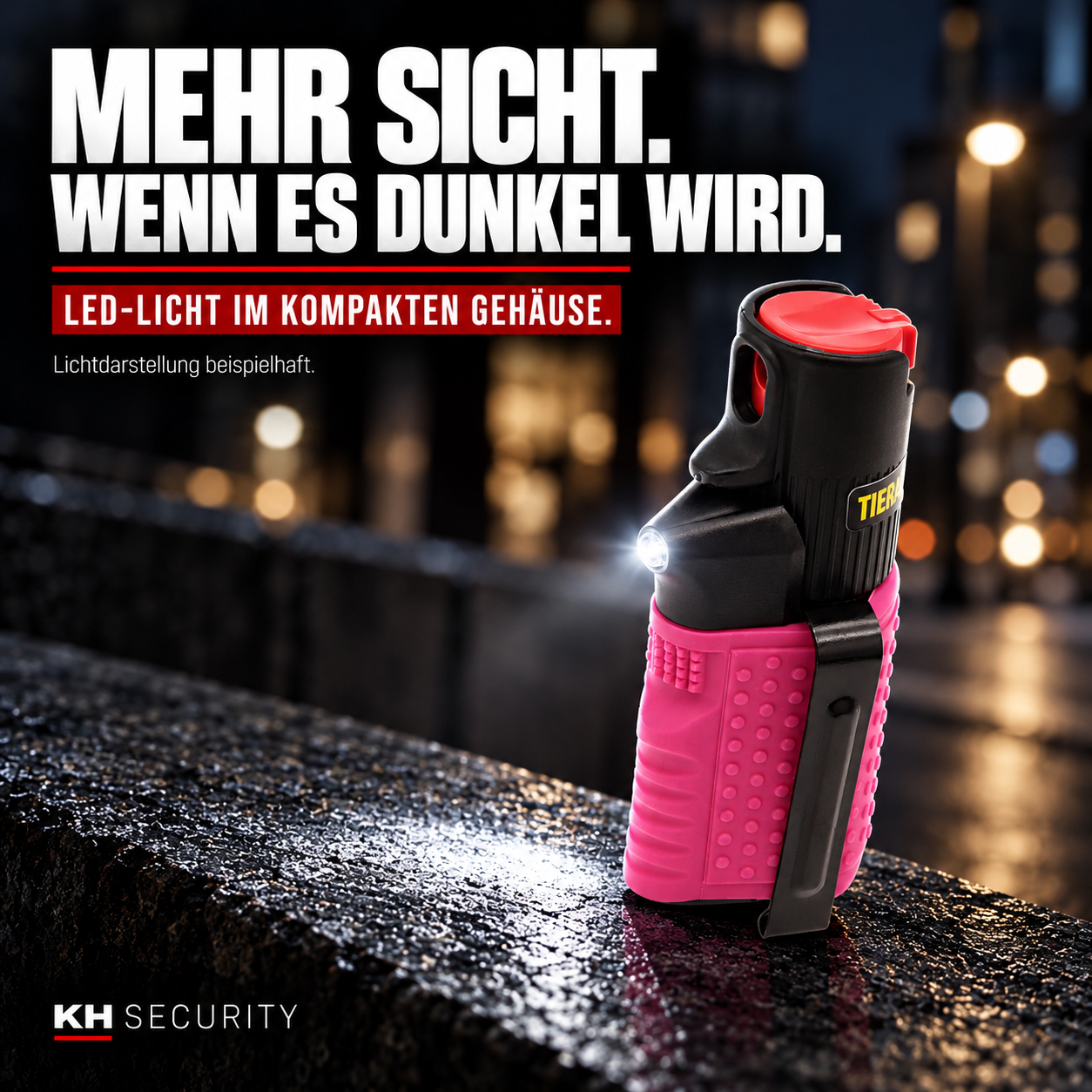 Hurricane Pfefferspray pink/schwarz mit LED für Orientierung bei Dunkelheit