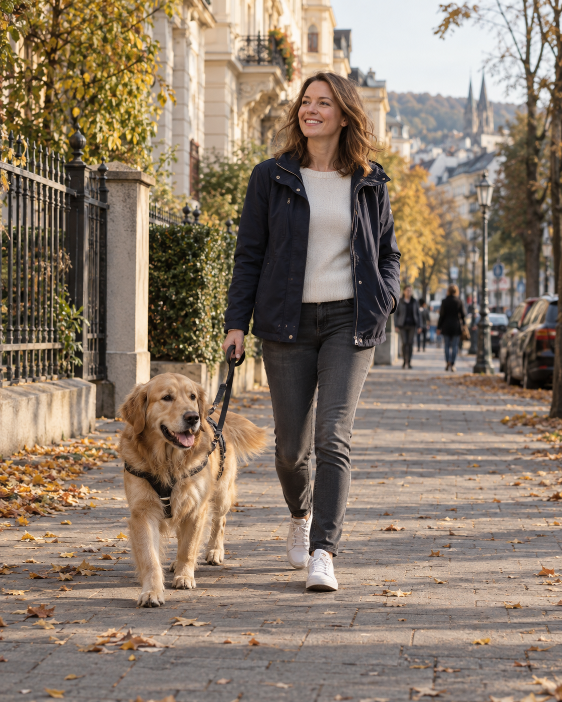 Frau mit Golden Retriever auf ihrer Hunderunde in der Stadt