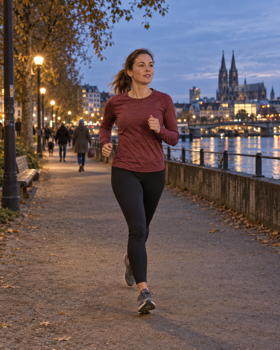 Frau beim Joggen auf der Stadtpromenade am Abend