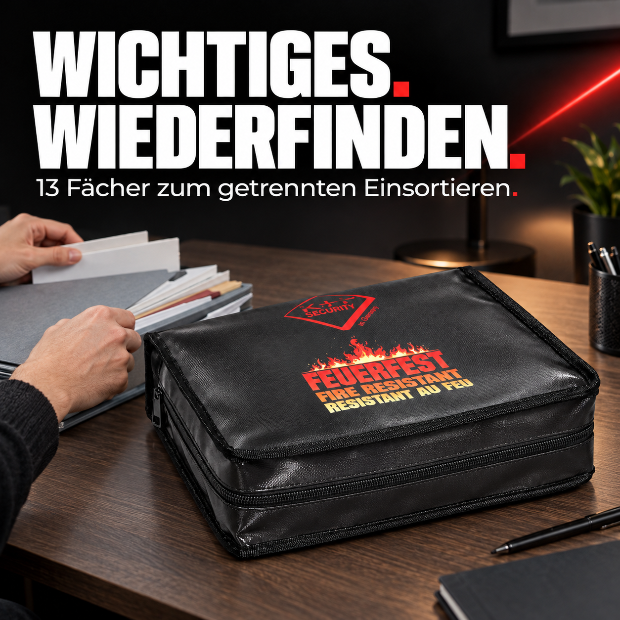Feuerfester Dokumentenordner XXL – 8,4 Liter – WICHTIGES. WIEDERFINDEN.