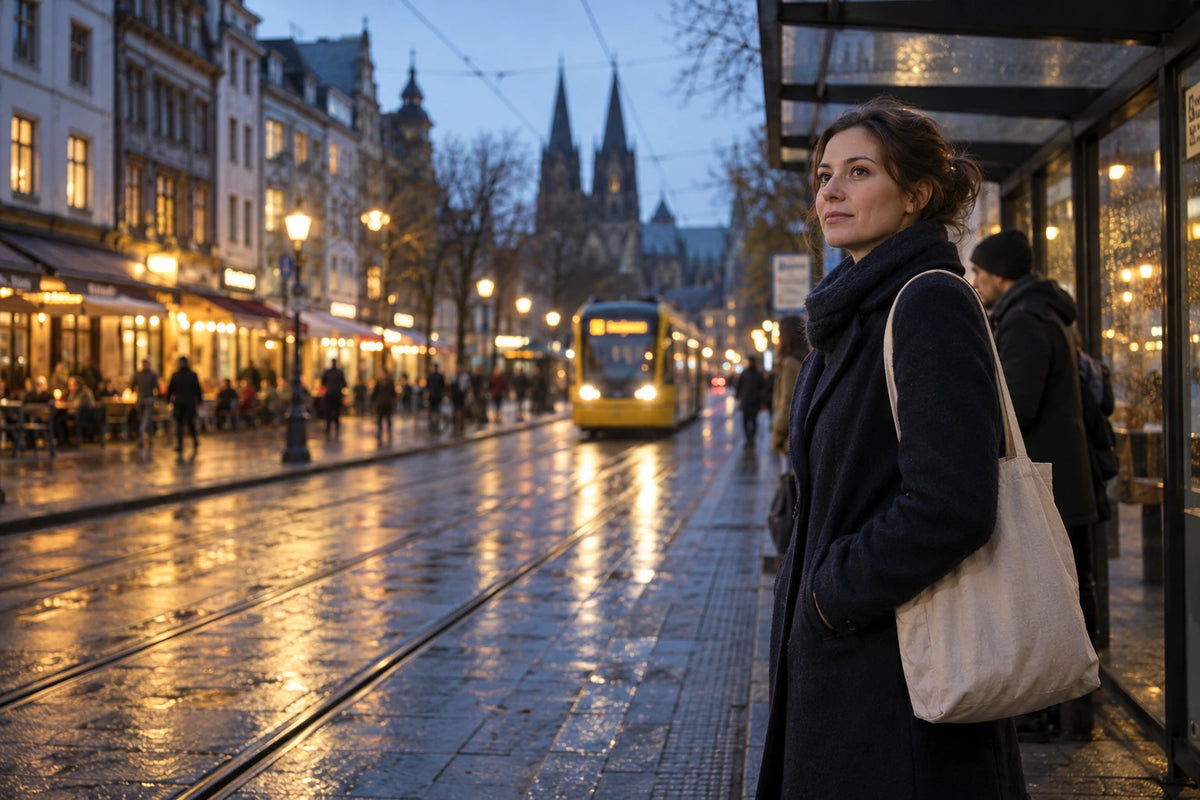 Eine Frau wartet nach Feierabend an einer Straßenbahnhaltestelle.