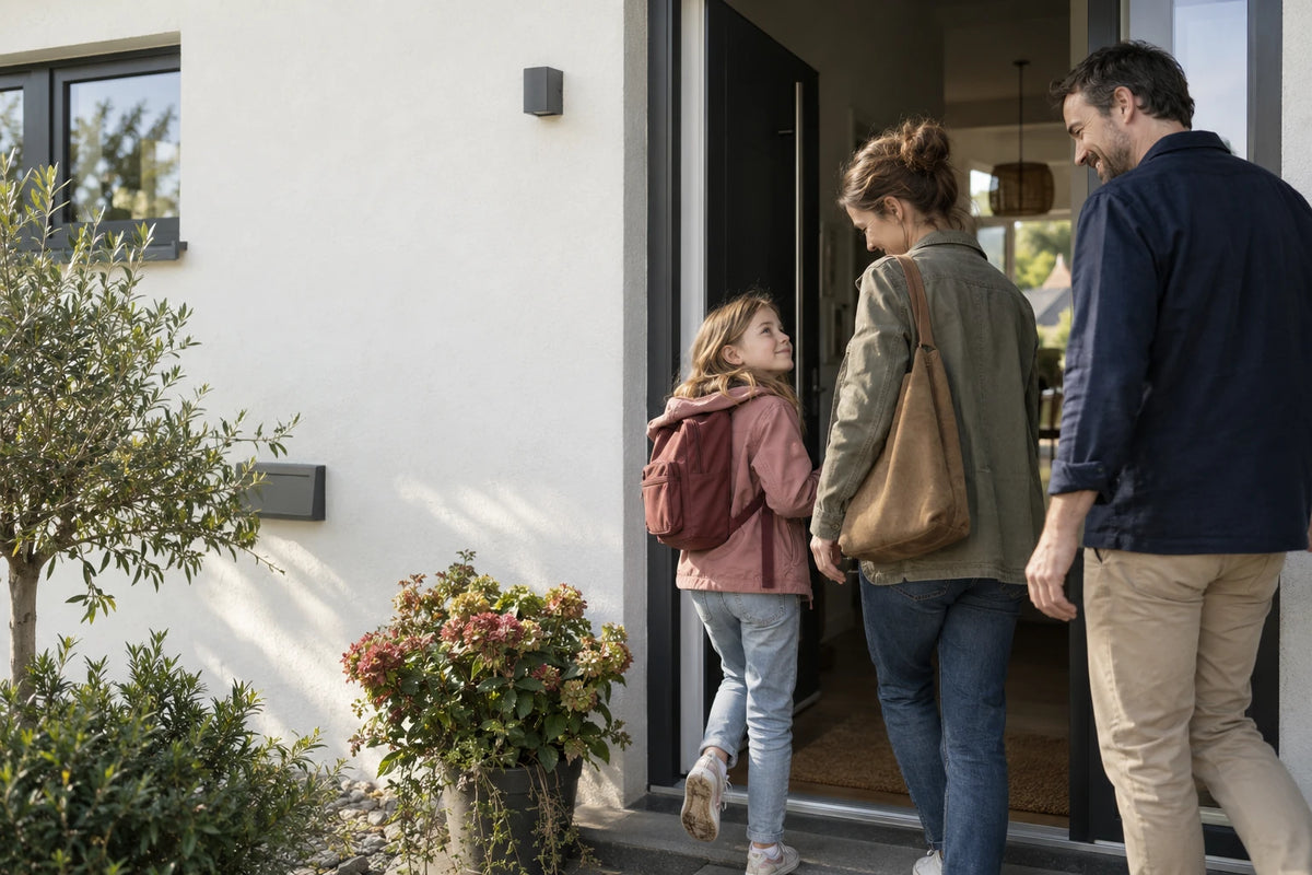 Eine Familie kommt gemeinsam nach Hause.