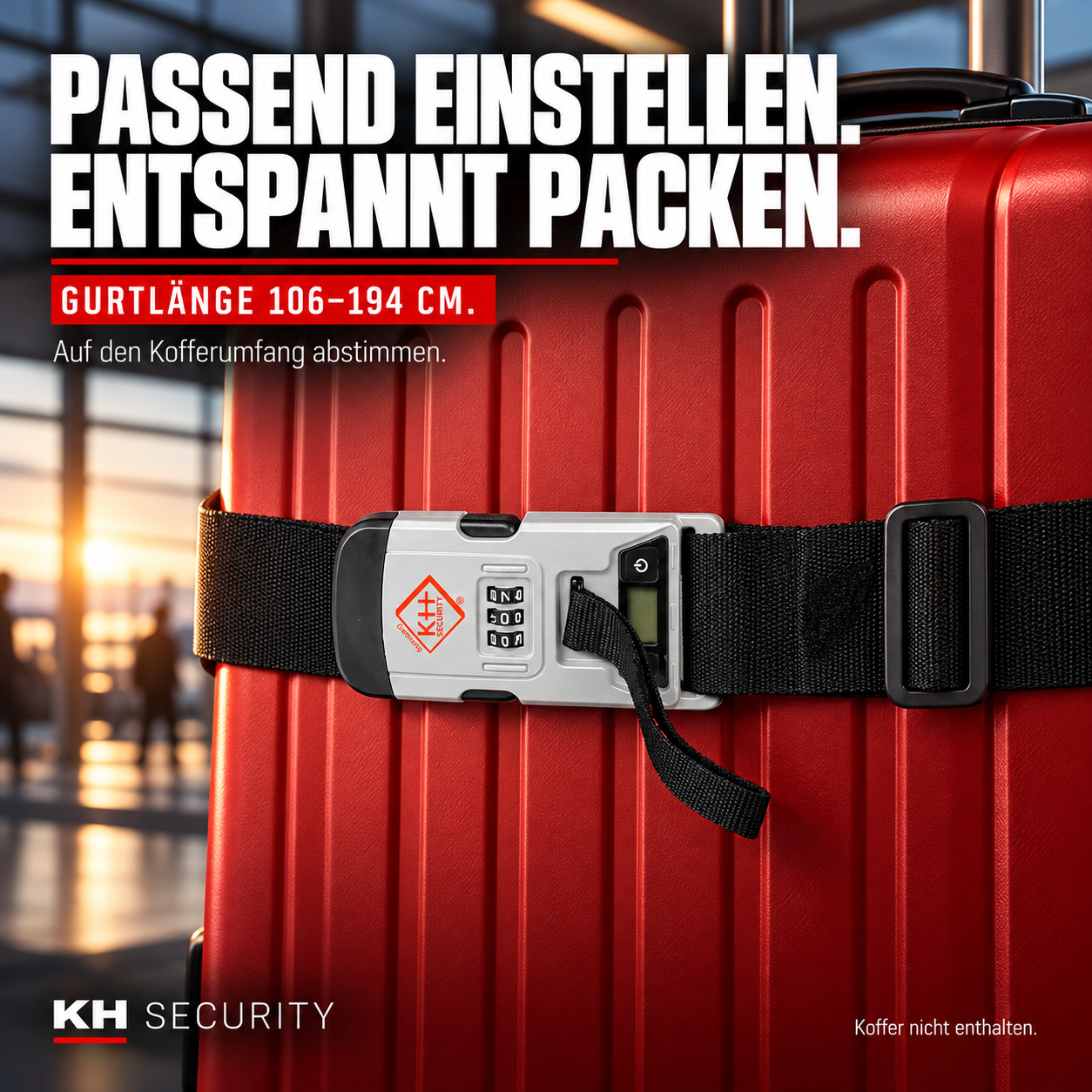 Schwarzer Koffergurt von KH-Security – verstellbar von 106 bis 194 cm