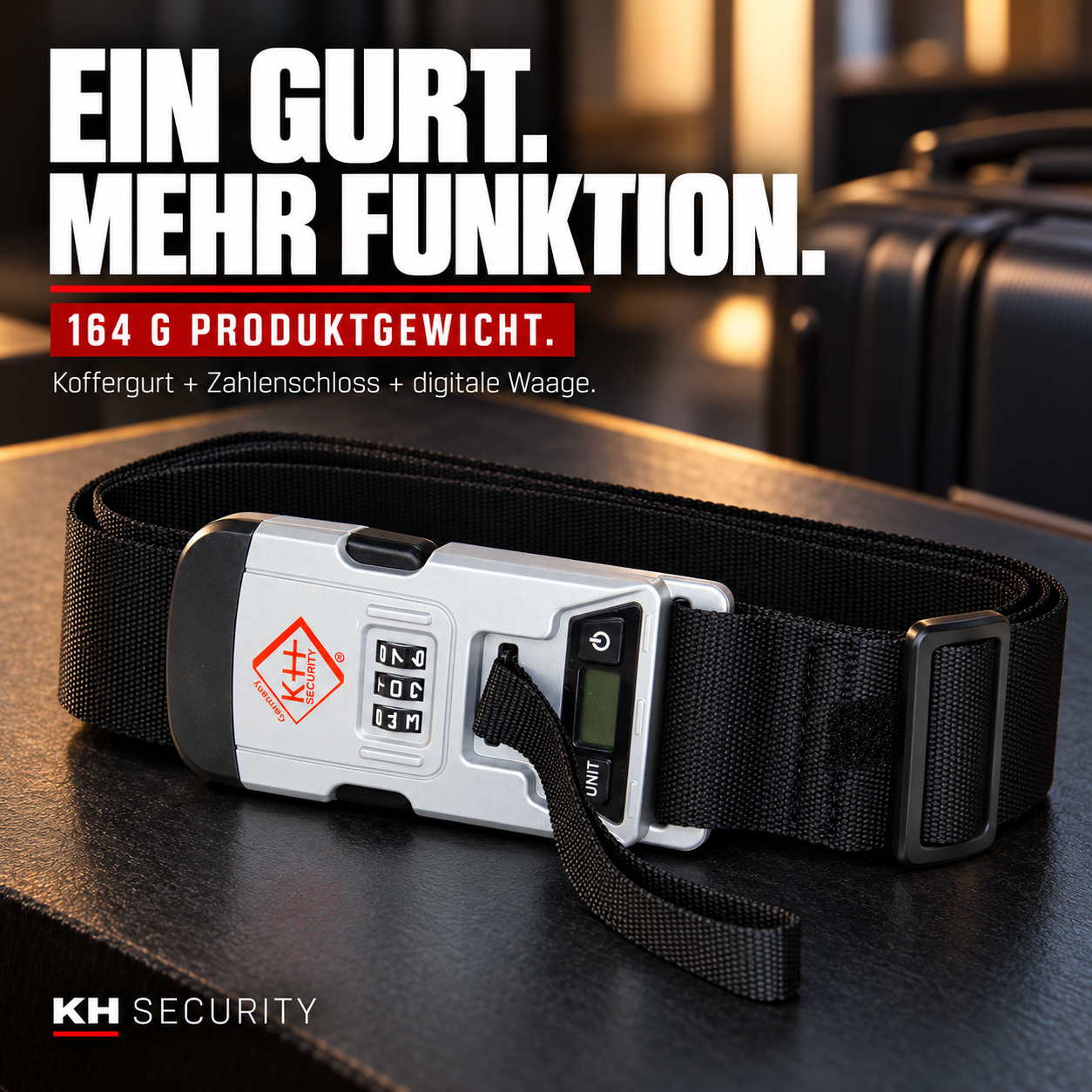 Koffergurt und digitale Gepäckwaage kombiniert – 164 g Produktgewicht