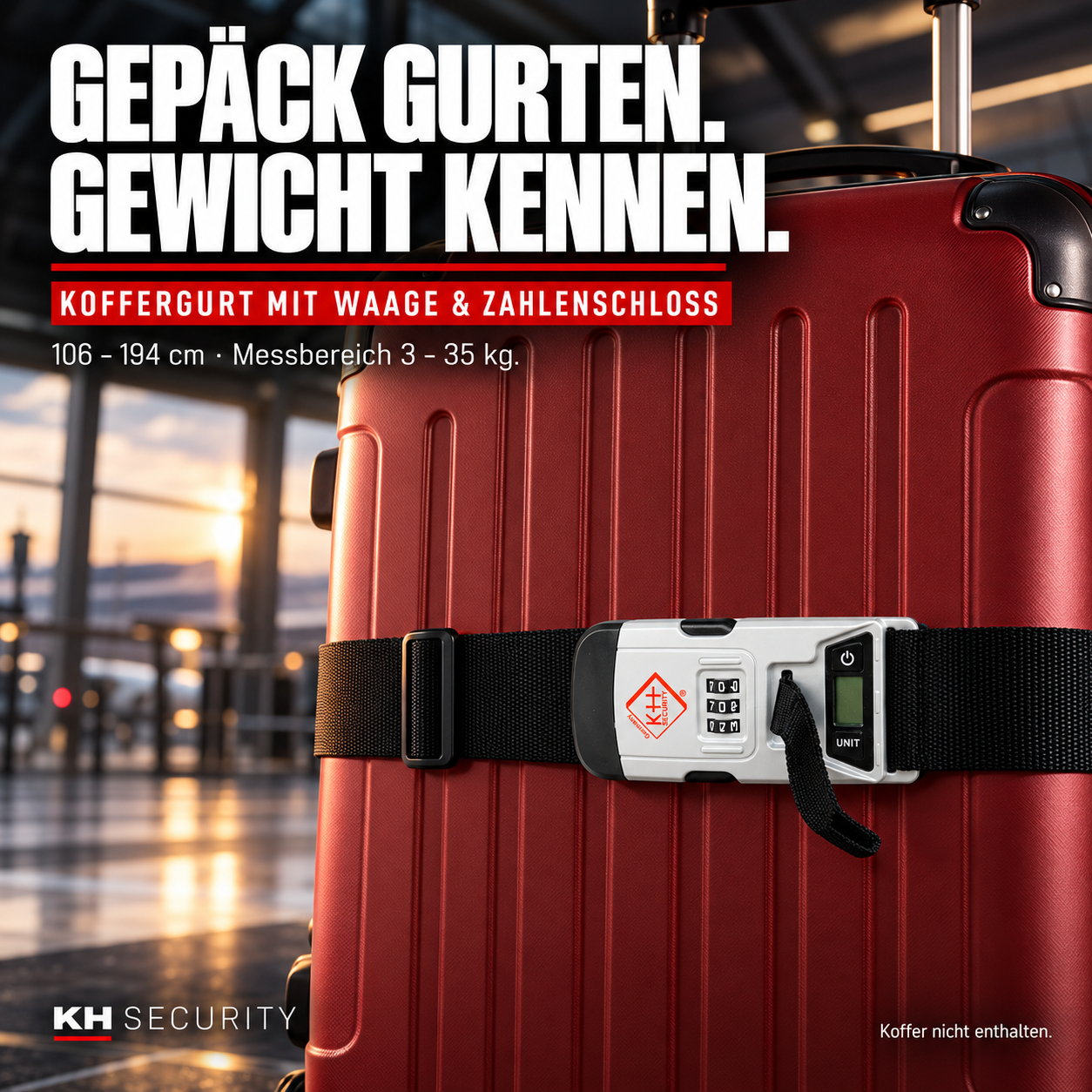 KH-Security Koffergurt mit digitaler Waage und Zahlenschloss an einem Reisekoffer