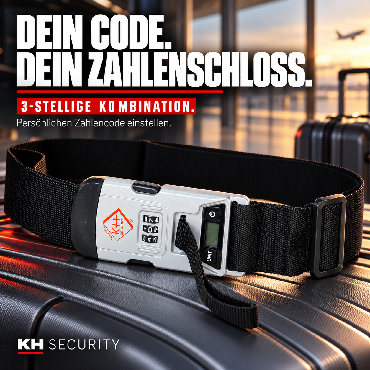 Dreistelliges Zahlenschloss mit persönlichem Code am KH-Security Koffergurt