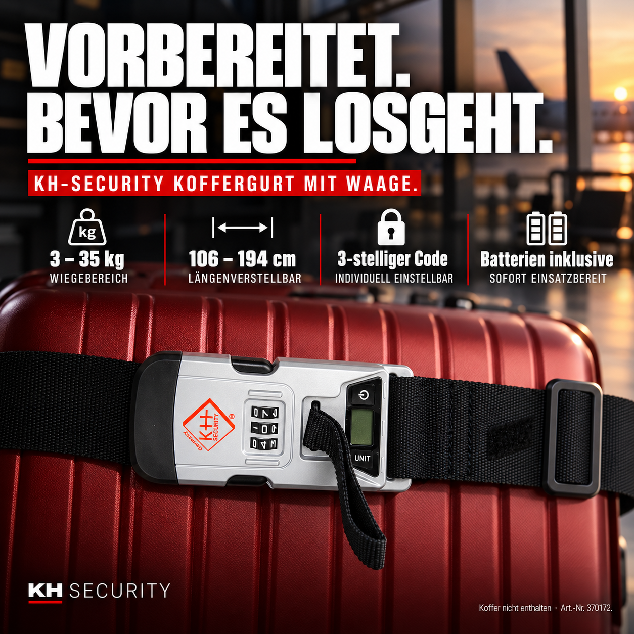 Ausstattung des KH-Security Koffergurts: Waage, Zahlenschloss und verstellbare Länge