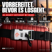 Ausstattung des KH-Security Koffergurts: Waage, Zahlenschloss und verstellbare Länge