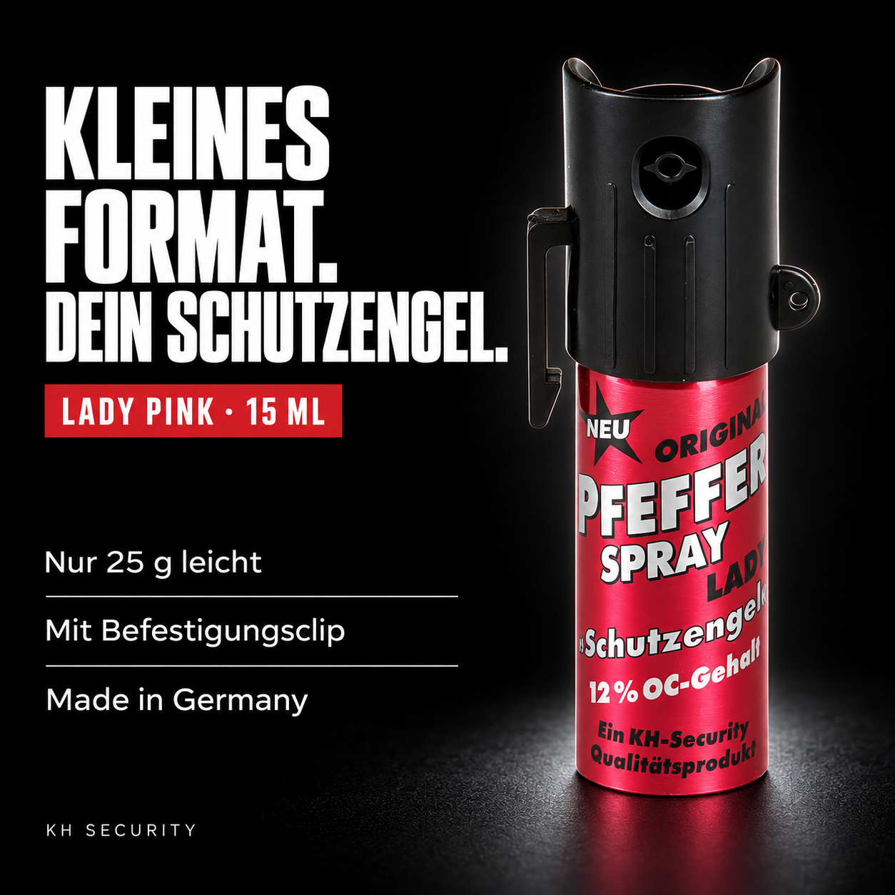 Lady Pink Schutzengel 15 ml ohne Schlüsselring – kompaktes Pfefferspray mit Befestigungsclip