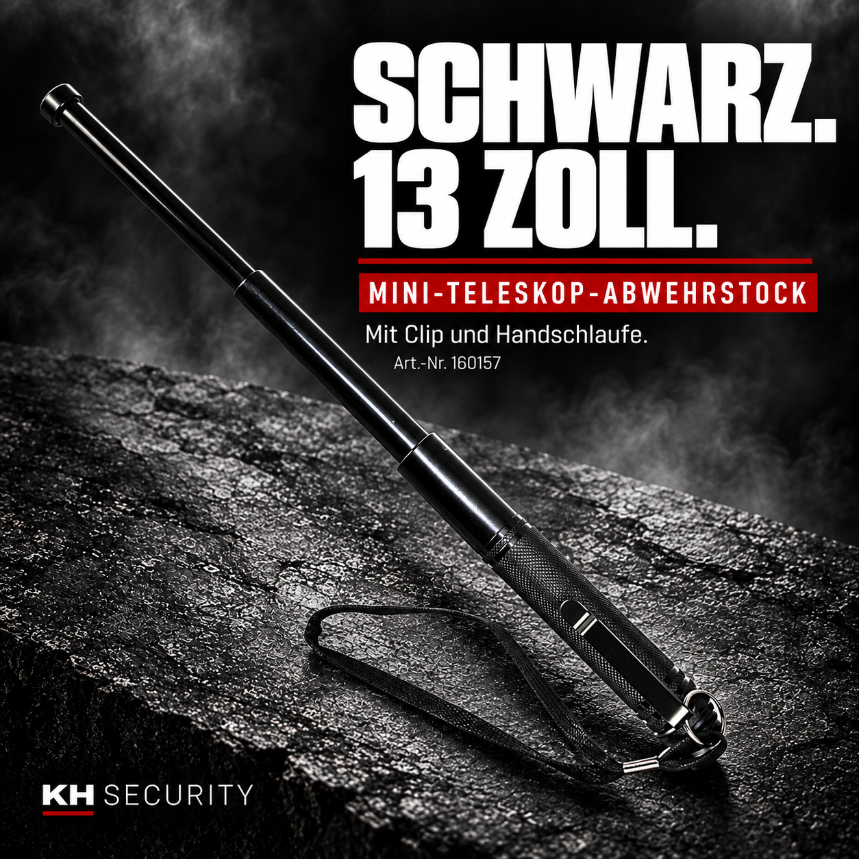 Mini-Teleskop-Abwehrstock Schwarz, 13 Zoll, mit Clip und Handschlaufe – Artikel 160157