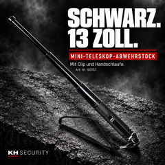 Mini-Teleskop-Abwehrstock Schwarz, 13 Zoll, mit Clip und Handschlaufe – Artikel 160157