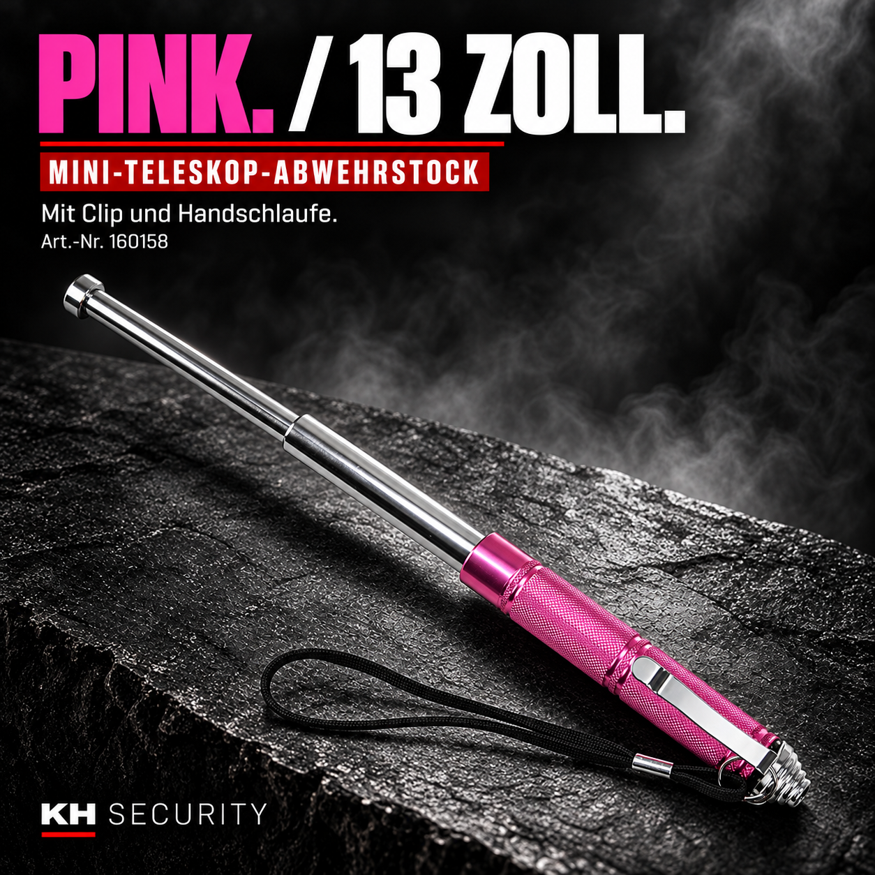 Mini-Teleskop-Abwehrstock Pink, 13 Zoll, mit Clip und Handschlaufe – Artikel 160158