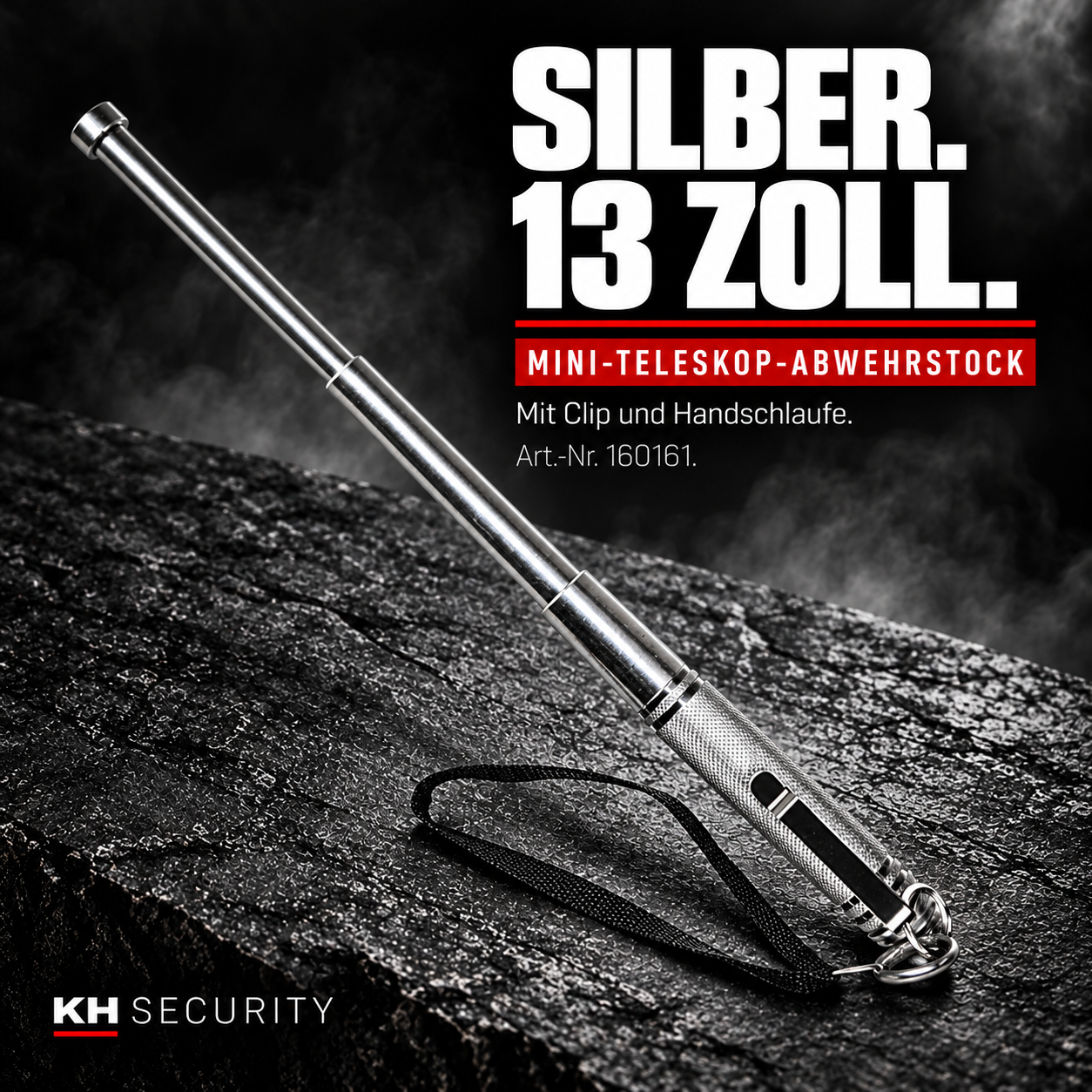 Mini-Teleskop-Abwehrstock Silber, 13 Zoll, mit Clip und Handschlaufe – Artikel 160161