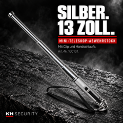 Mini-Teleskop-Abwehrstock Silber, 13 Zoll, mit Clip und Handschlaufe – Artikel 160161