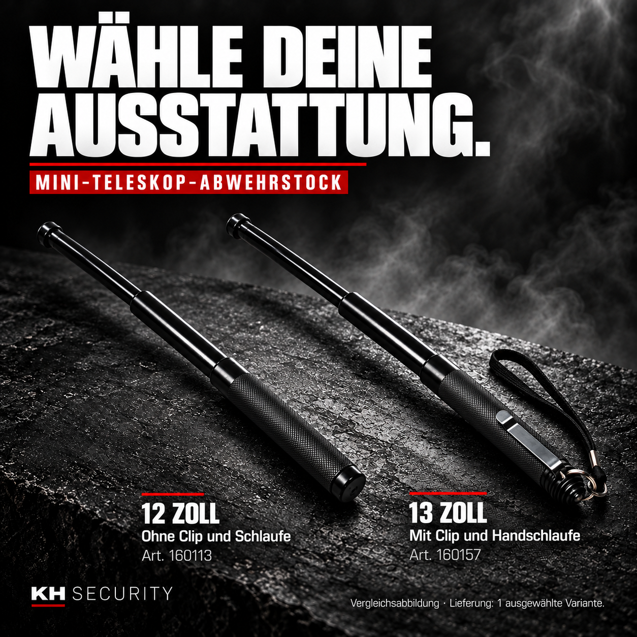 Ausstattung vergleichen: Mini-Teleskopstock in 12 Zoll ohne und 13 Zoll mit Clip und Handschlaufe