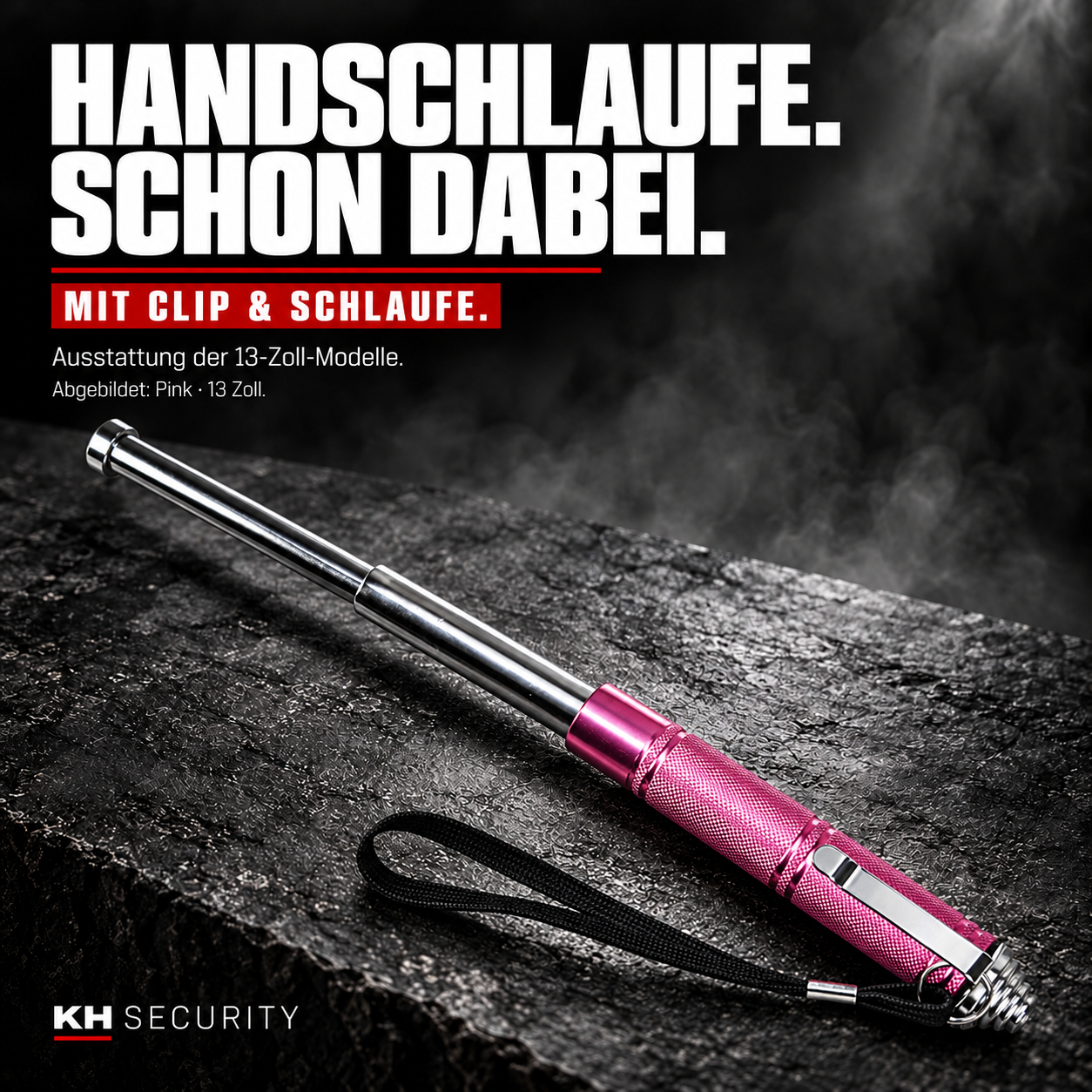 Schwarze Handschlaufe mit Ringbefestigung am pinken 13-Zoll-Mini-Teleskopstock