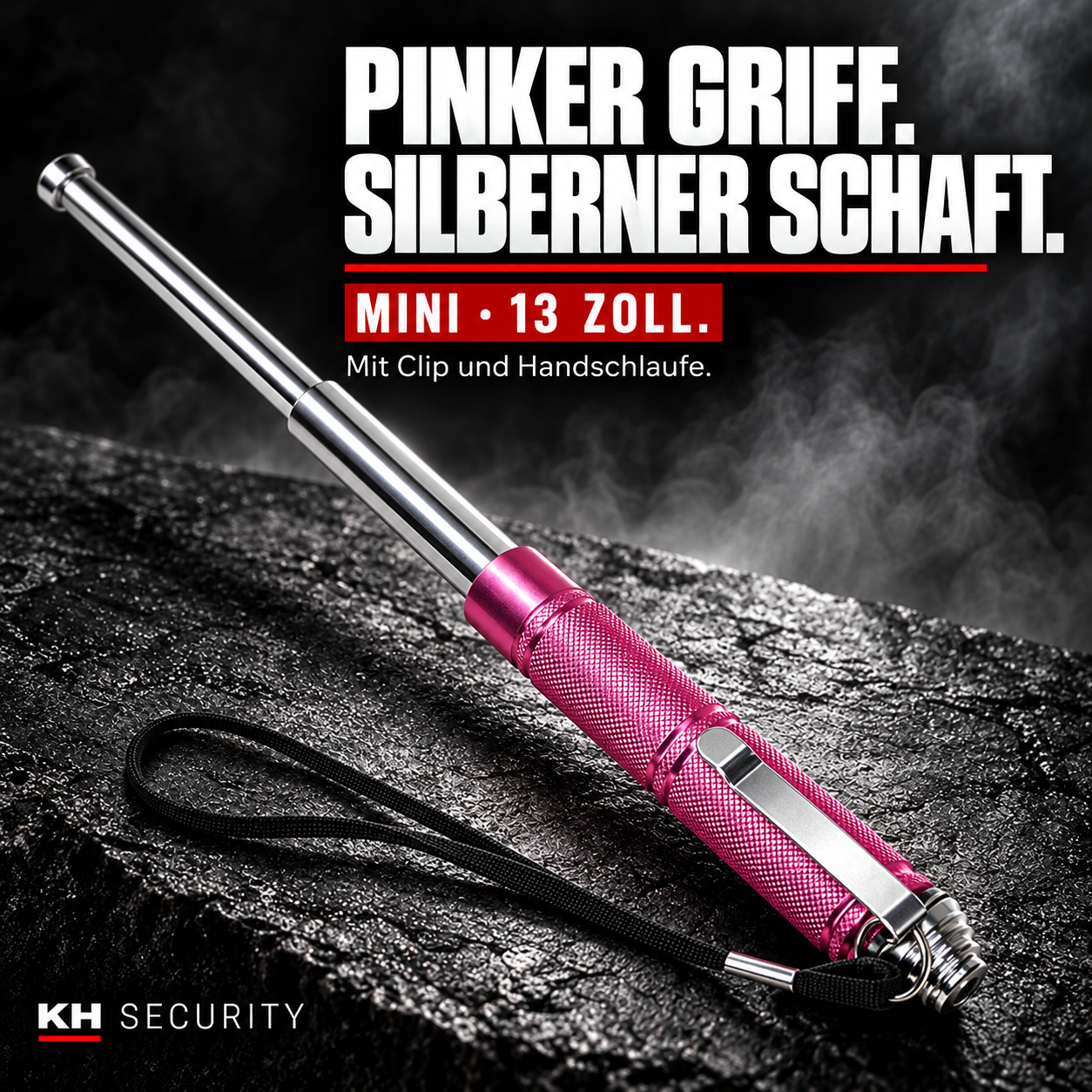 Pinker geriffelter Griff mit silbernem Schaft und Clip – Mini-Teleskopstock 13 Zoll