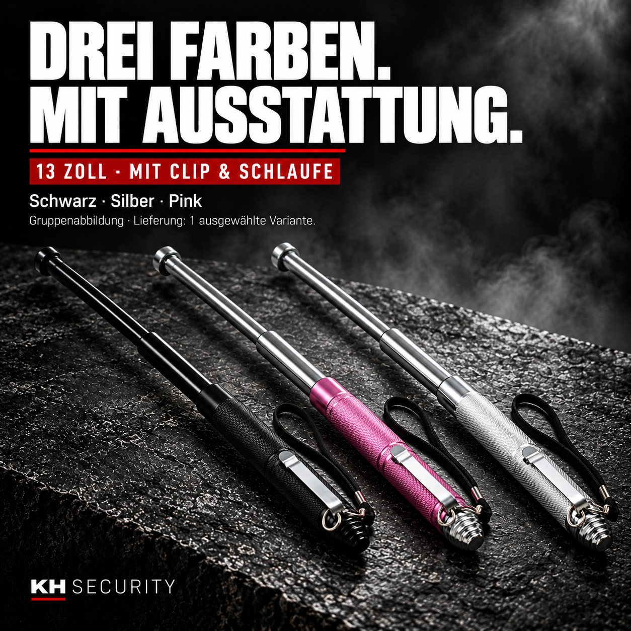 13-Zoll-Mini-Teleskopstöcke in Schwarz, Silber und Pink mit Clip und Handschlaufe