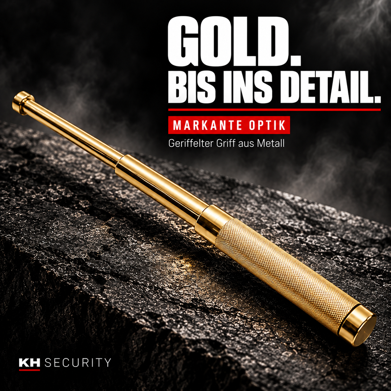 Mini Teleskop Abwehrstock in Gold – goldfarbene Oberfläche und Griffdetail