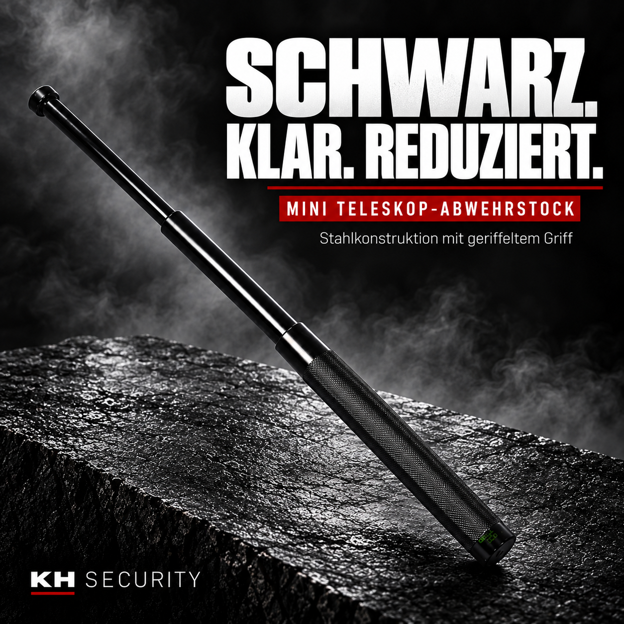 Mini Teleskop Abwehrstock in Schwarz – Stahlkonstruktion mit geriffeltem Griff