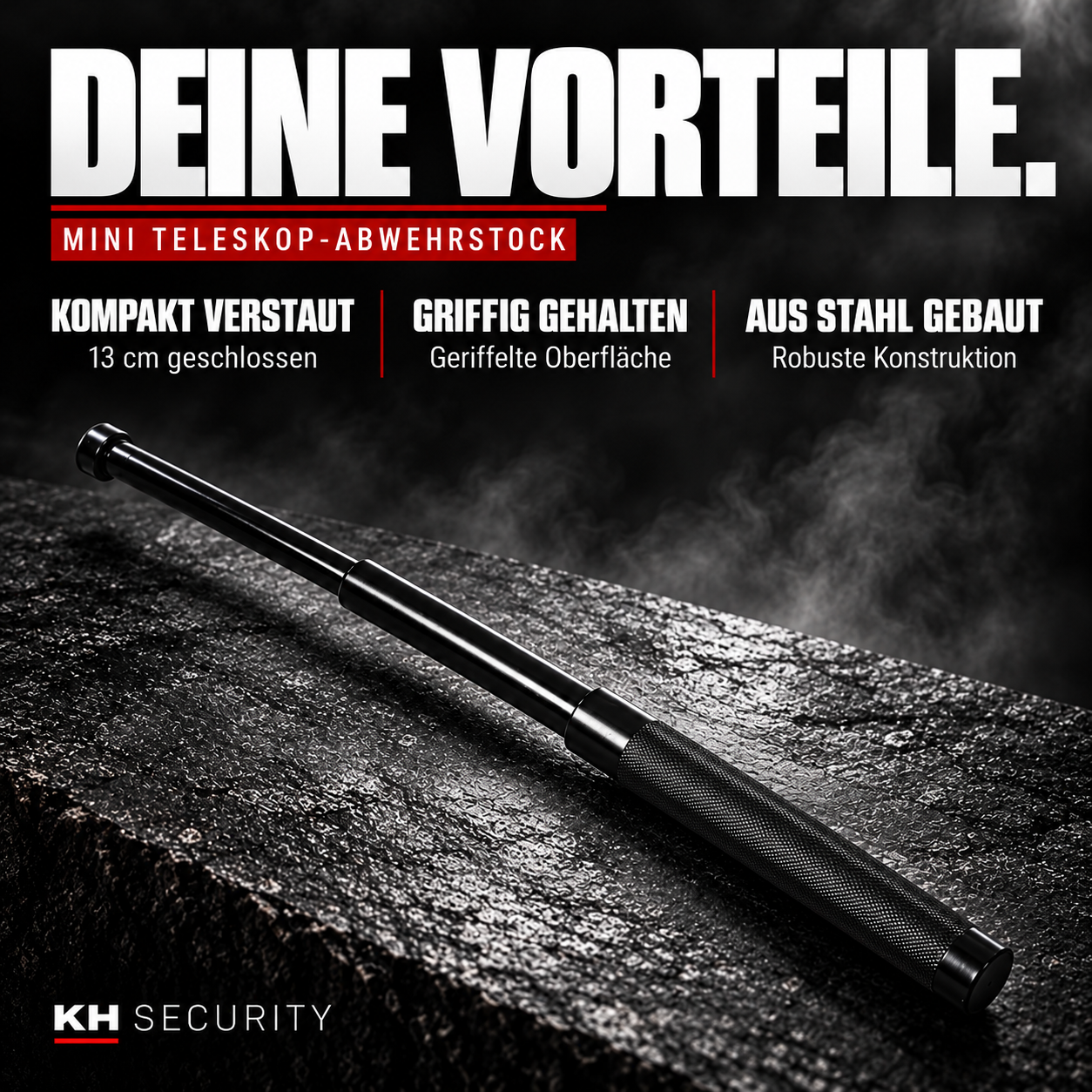 Mini Teleskop Abwehrstock – Vorteile: kompaktes Format, geriffelter Griff und Stahlkonstruktion