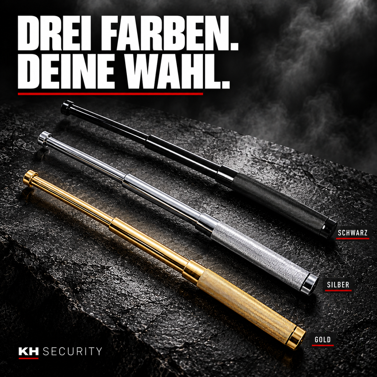 Mini Teleskop Abwehrstock – Varianten Schwarz, Silber und Gold im Vergleich