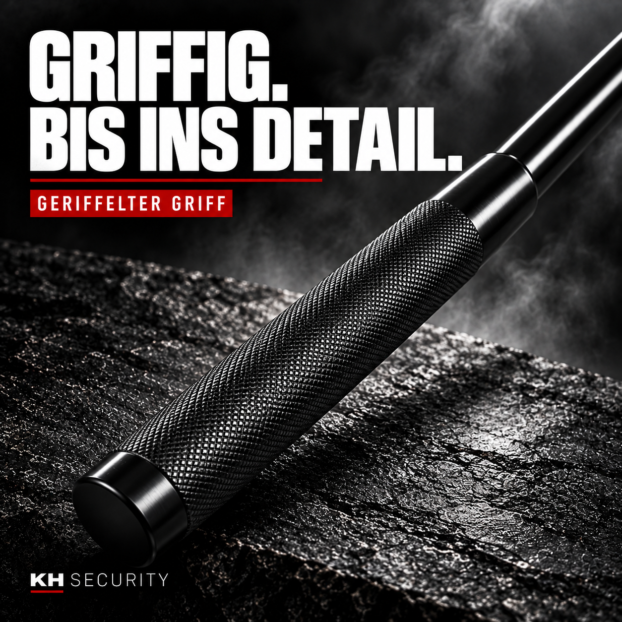 Mini Teleskop Abwehrstock in Schwarz – Nahaufnahme des geriffelten Metallgriffs
