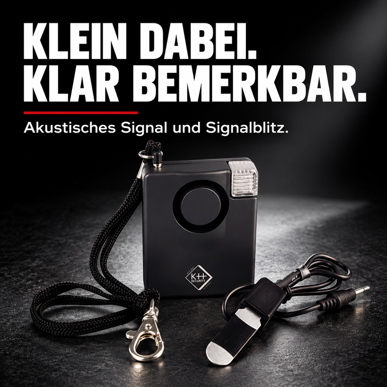 mobilalarm: KLEIN DABEI. KLAR BEMERKBAR. Akustisches Signal und Signalblitz.