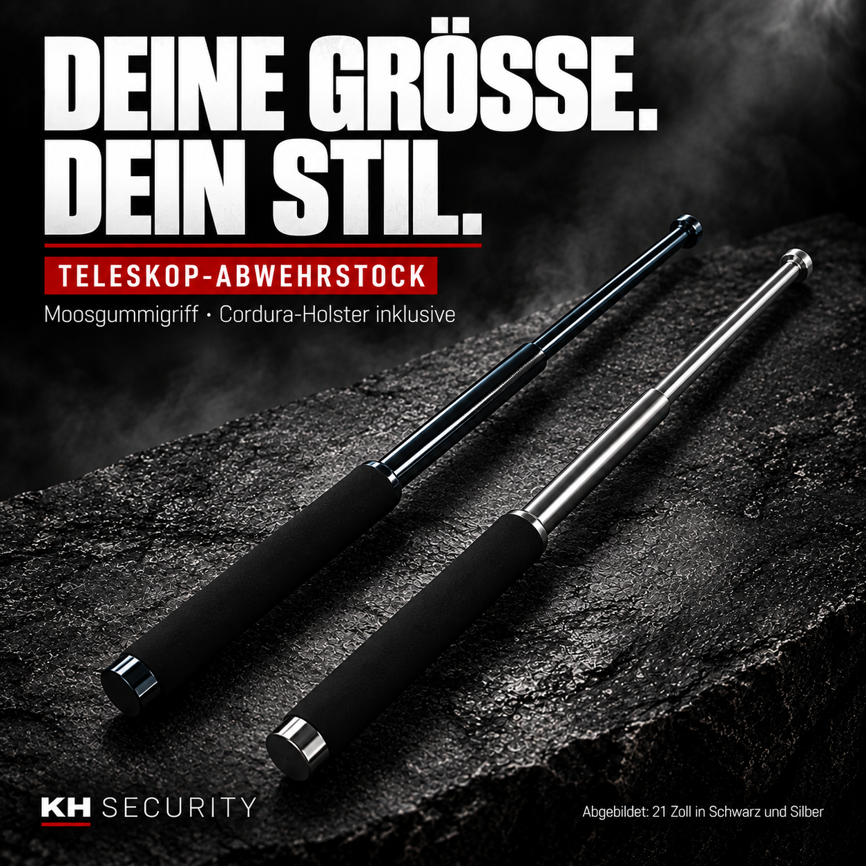 Teleskop-Abwehrstock mit Moosgummigriff – Größen und Farben nach Auswahl, Schwarz und Silber in 21 Zoll abgebildet
