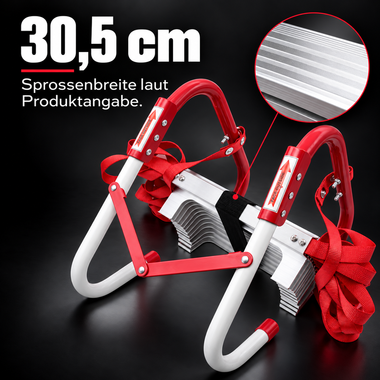 rettungsleiter-fire-max: 30,5 cm Sprossenbreite laut Produktangabe.