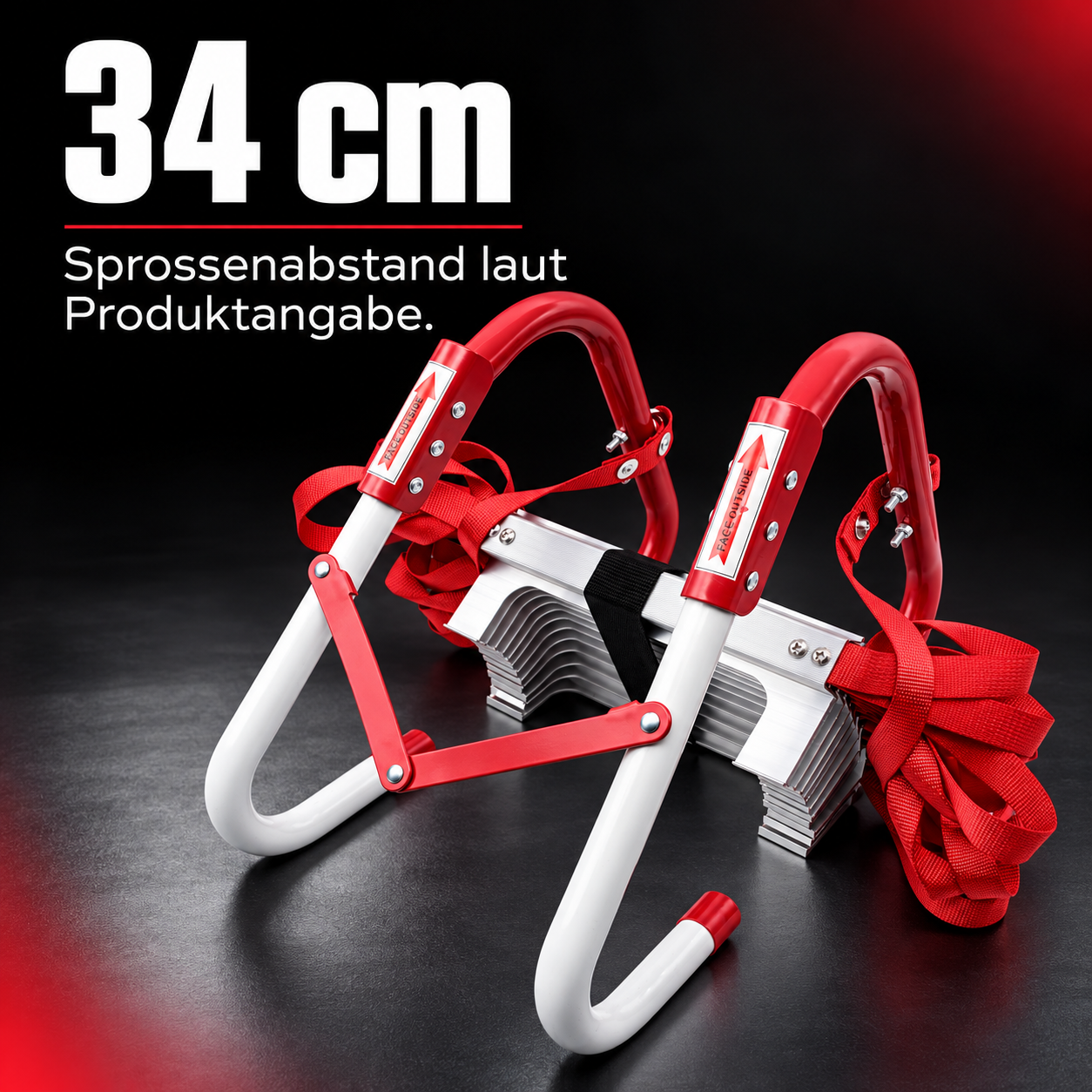 rettungsleiter-fire-max: 34 cm Sprossenabstand laut Produktangabe.