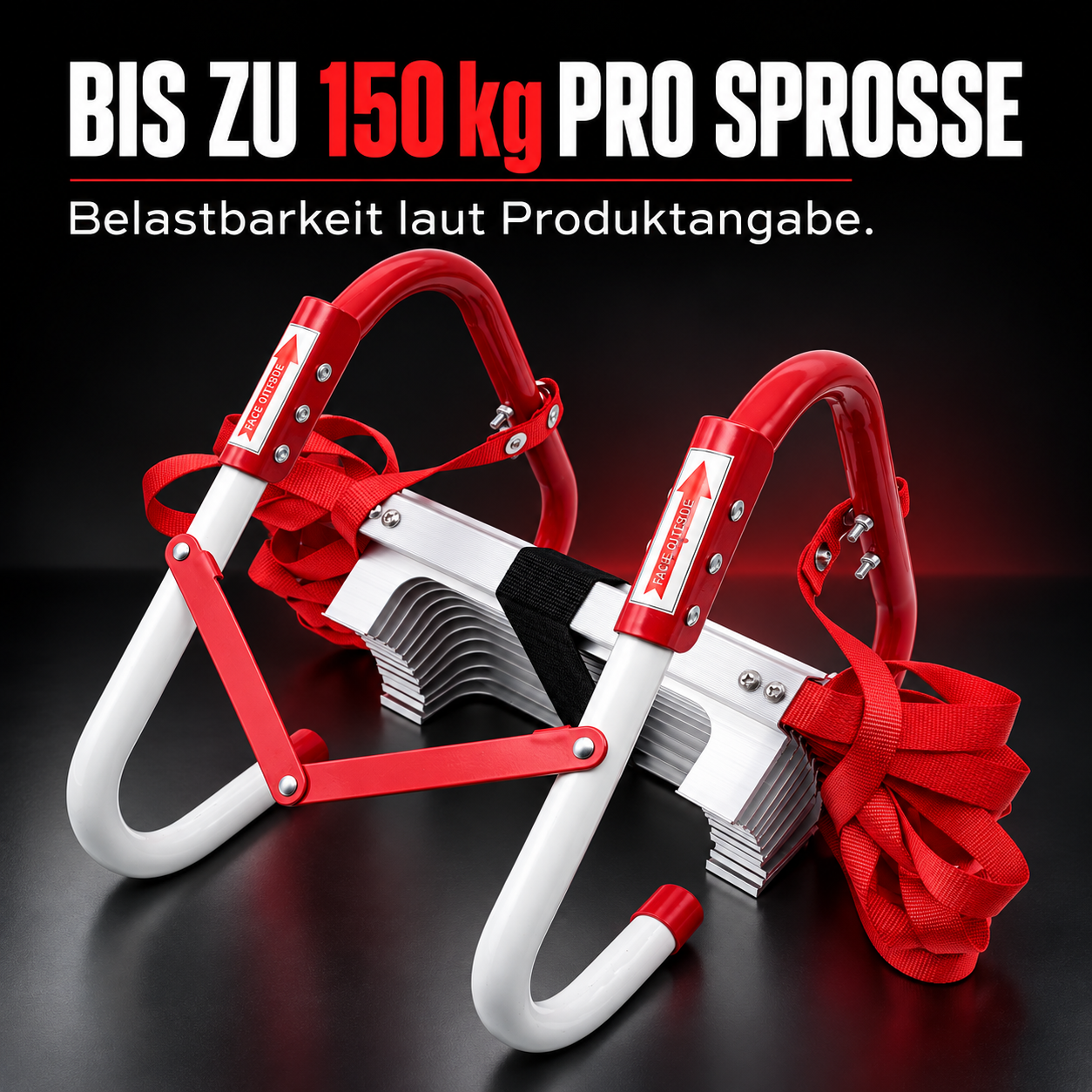 rettungsleiter-fire-max: BIS ZU 150 kg PRO SPROSSE Belastbarkeit laut Produktangabe.