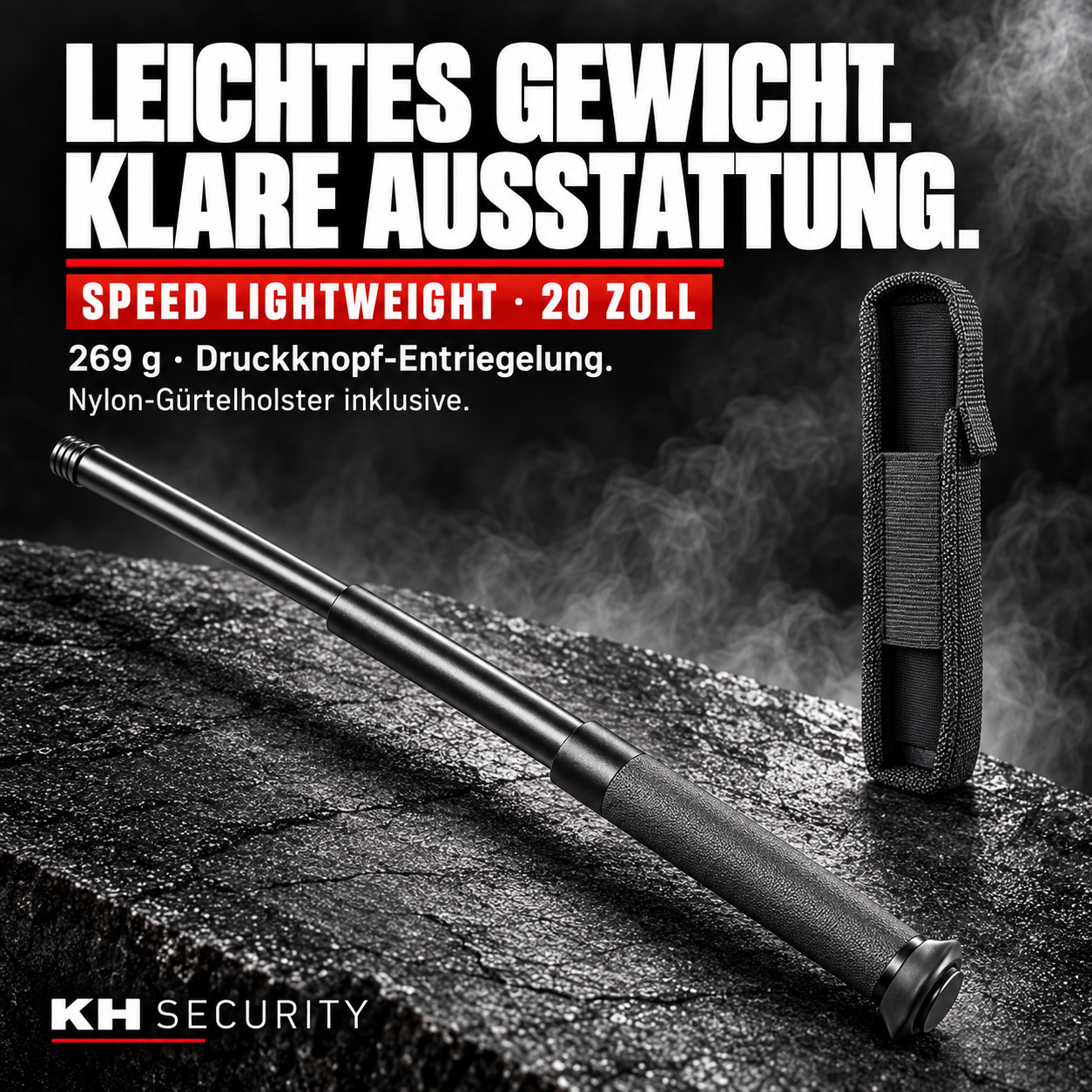 Speed Lightweight Teleskop-Abwehrstock 20 Zoll mit Druckknopf und Nylon-Gürtelholster