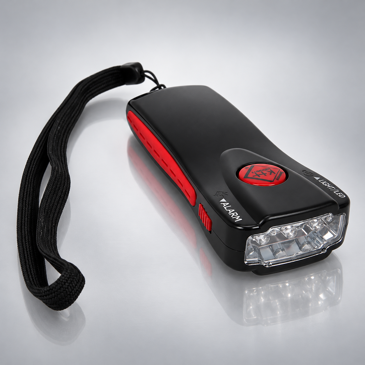 Alarmtaschenlampe mit 4 LEDs & Sirene – Premium-Studiofoto