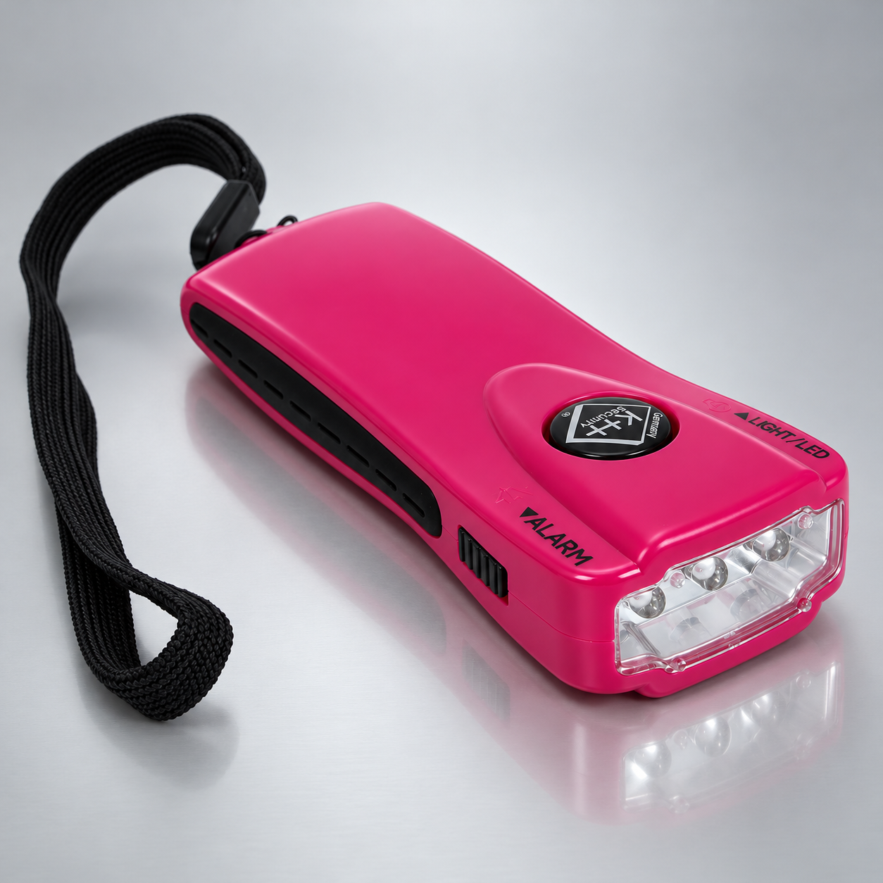 Alarmtaschenlampe mit 4 LEDs & Sirene – Pink – Premium-Studiofoto