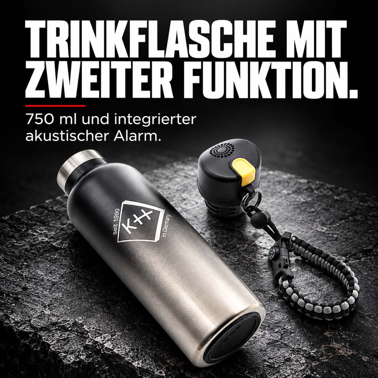 survival-trinkflasche: TRINKFLASCHE MIT ZWEITER FUNKTION. 750 ml und integrierter akustischer Alarm.