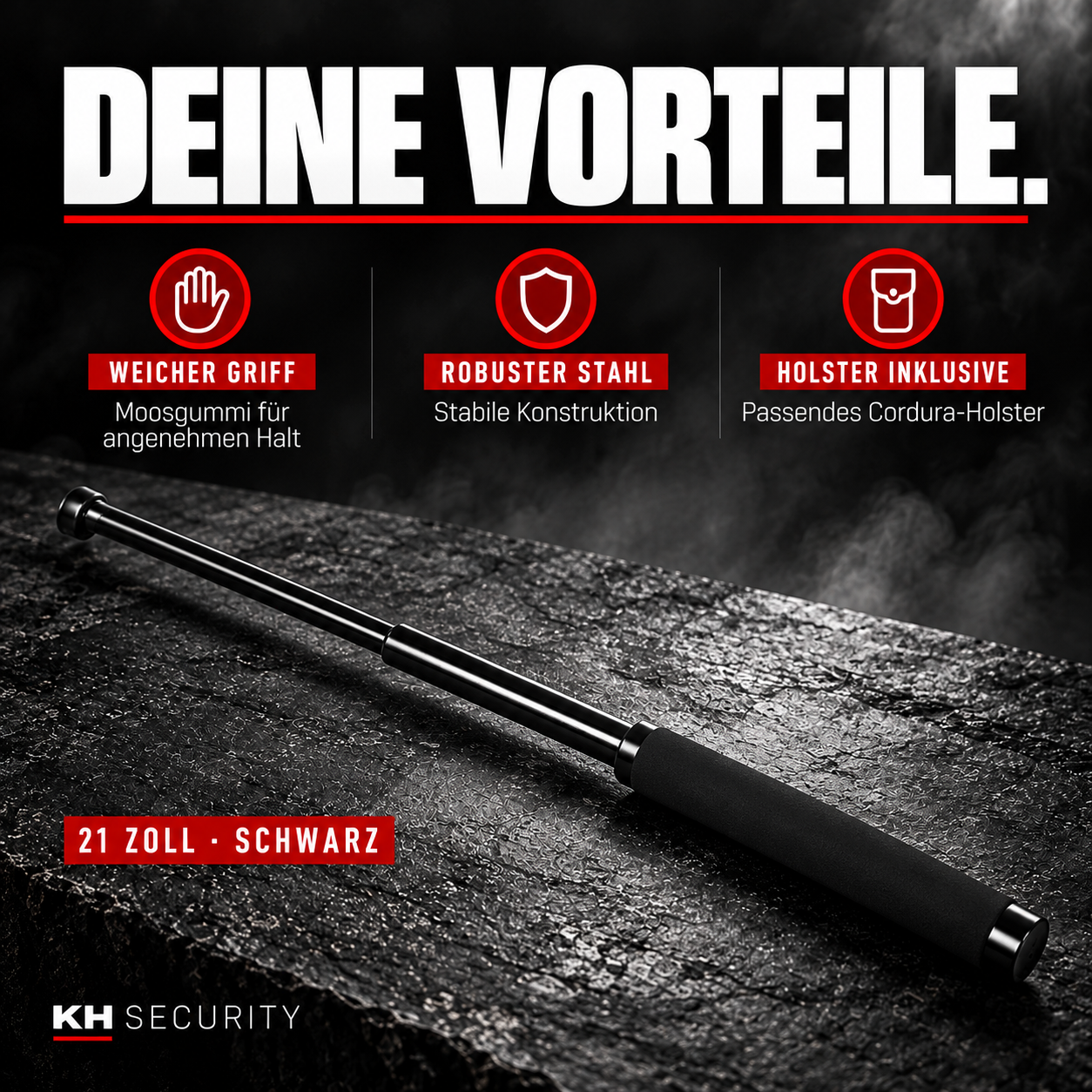 Teleskop-Abwehrstock 160107 – Vorteile: Moosgummigriff, Stahlkonstruktion und Cordura-Holster