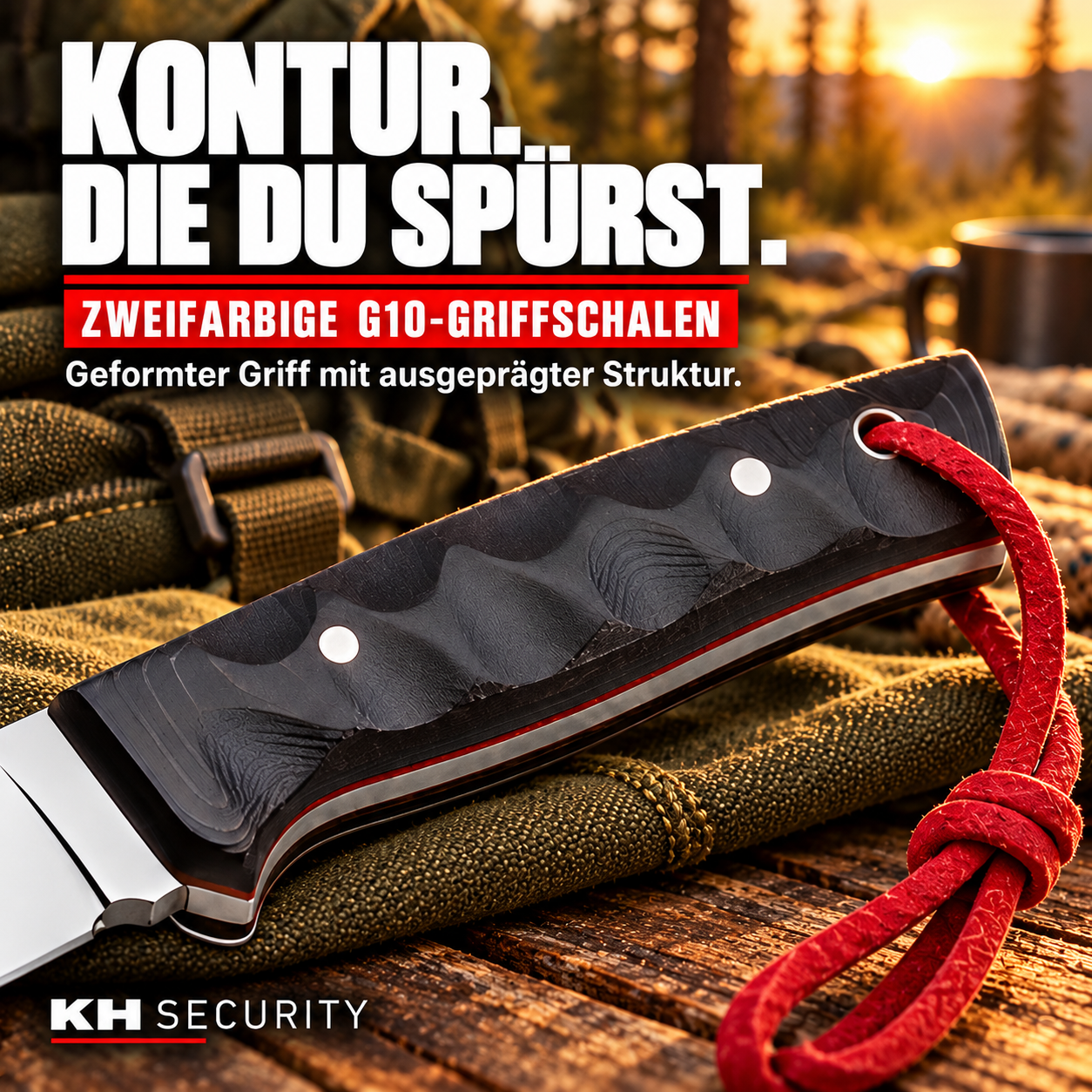 Zweifarbige G10-Griffschalen des Outdoor Pro Messers – Detail von Kontur und Struktur